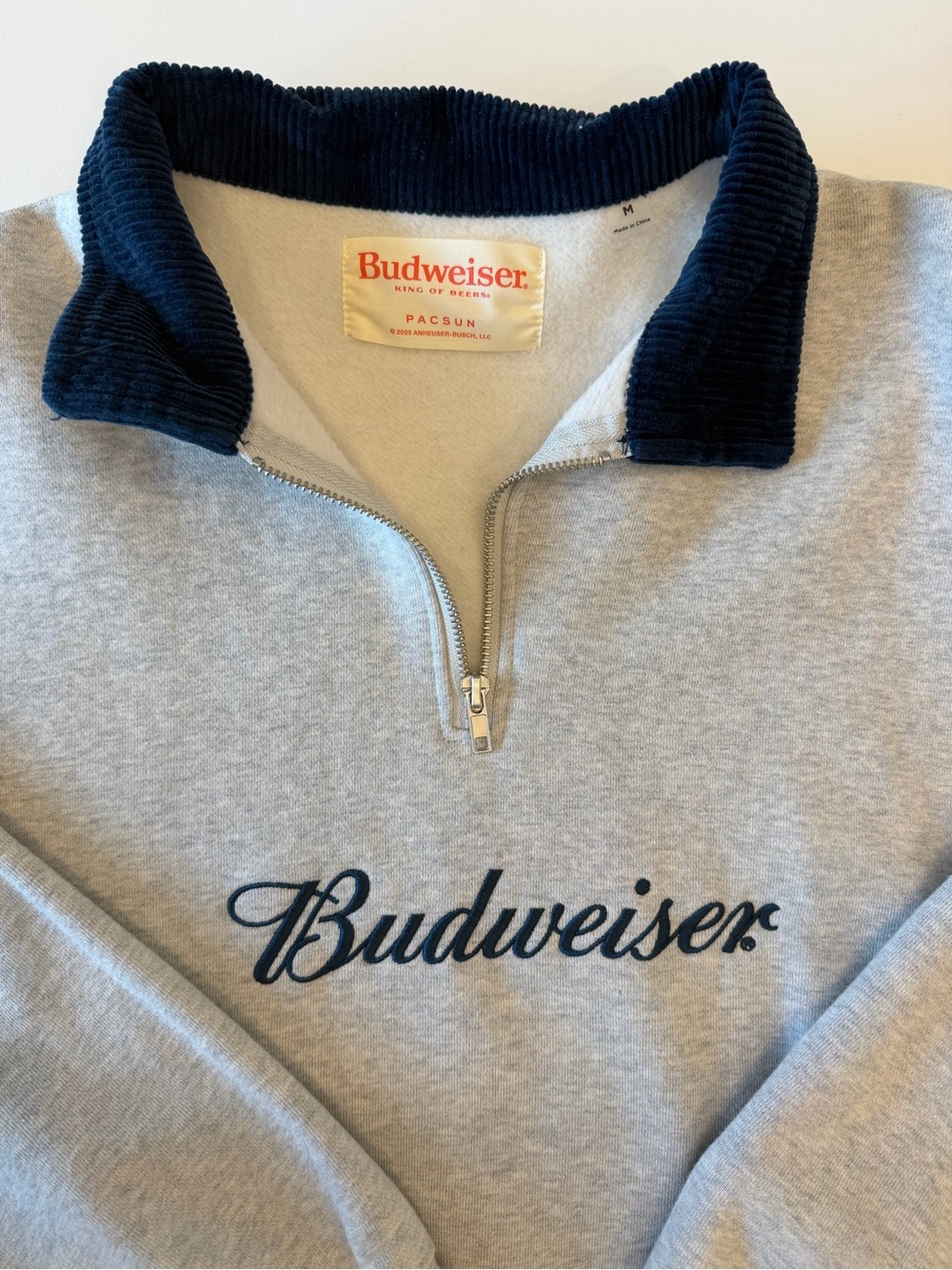 PacSun Budweiser Grey Quarter-Zip Sweater with Navy Collar - Picture 2 of 9